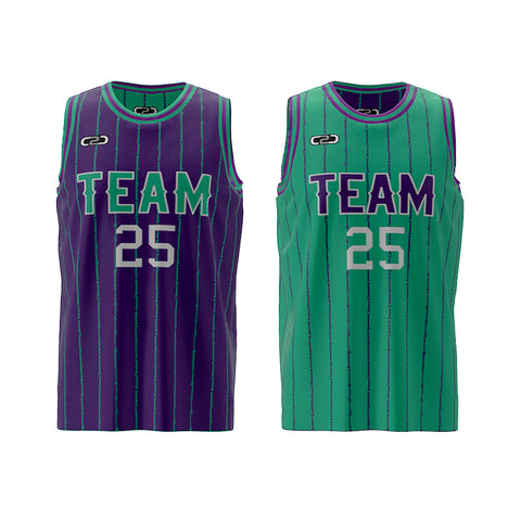 Two basketball jerseys with bones pattern, one purple and one green, with 'TEAM' and number '25' printed on them.